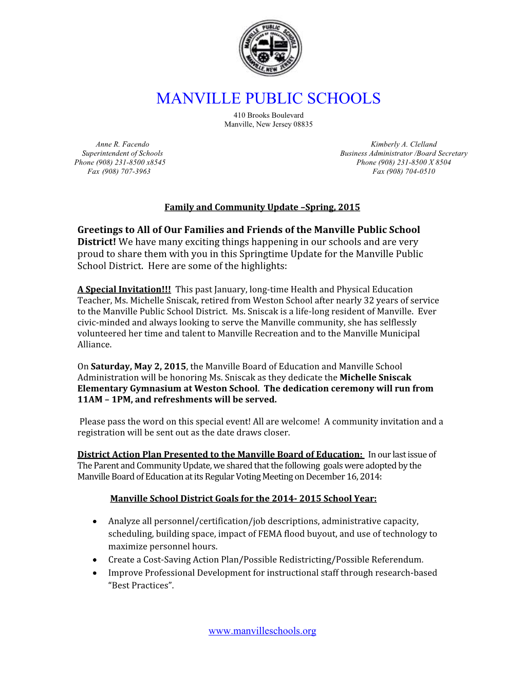 Manville School District Goals for the 2014- 2015 School Year