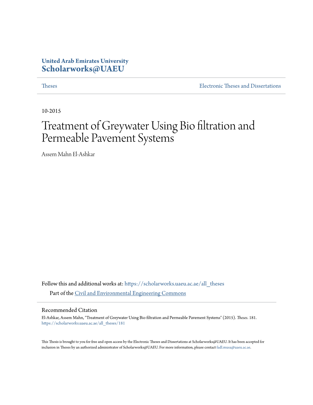 Treatment of Greywater Using Bio Filtration and Permeable Pavement Systems Assem Mahn El-Ashkar