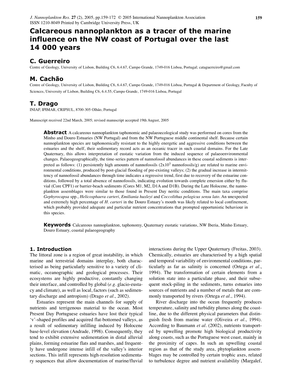 Calcareous Nannoplankton As a Tracer of the Marine Influence on the NW Coast of Portugal Over the Last 14 000 Years