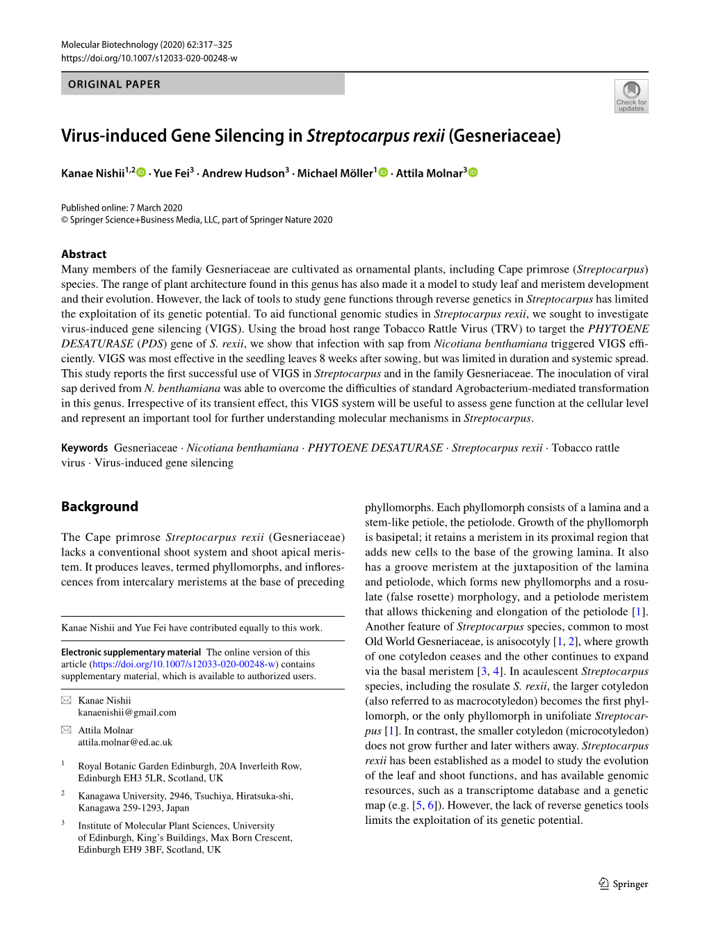 Virus-Induced Gene Silencing in Streptocarpus Rexii (Gesneriaceae)