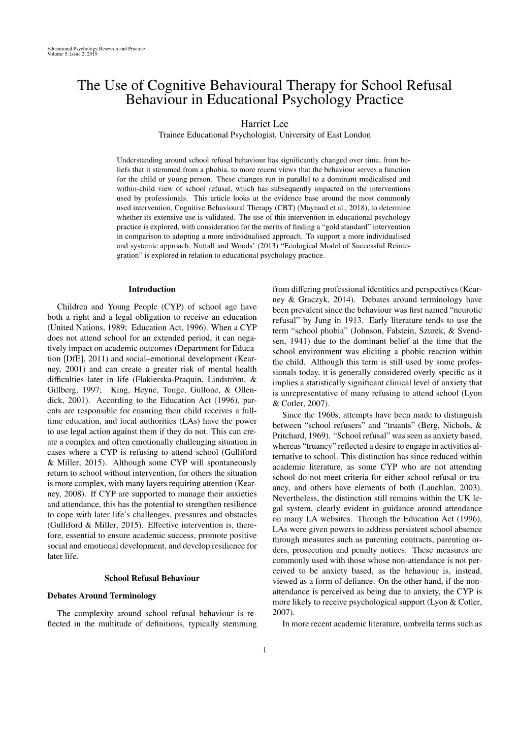 The Use of Cognitive Behavioural Therapy for School Refusal Behaviour in Educational Psychology Practice