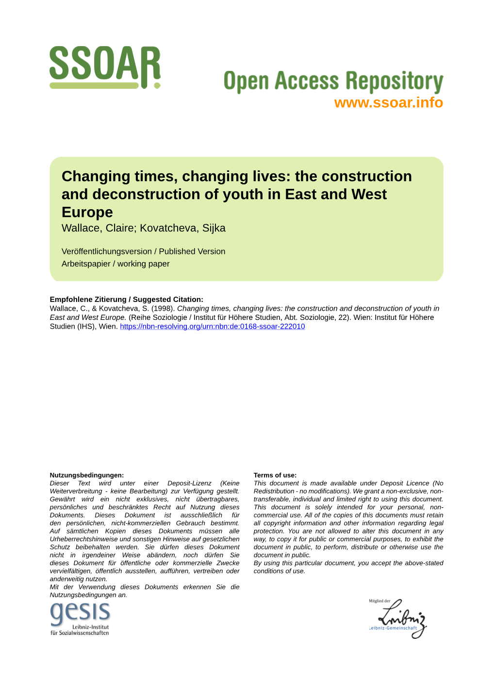 The Construction and Deconstruction of Youth in East and West Europe Wallace, Claire; Kovatcheva, Sijka