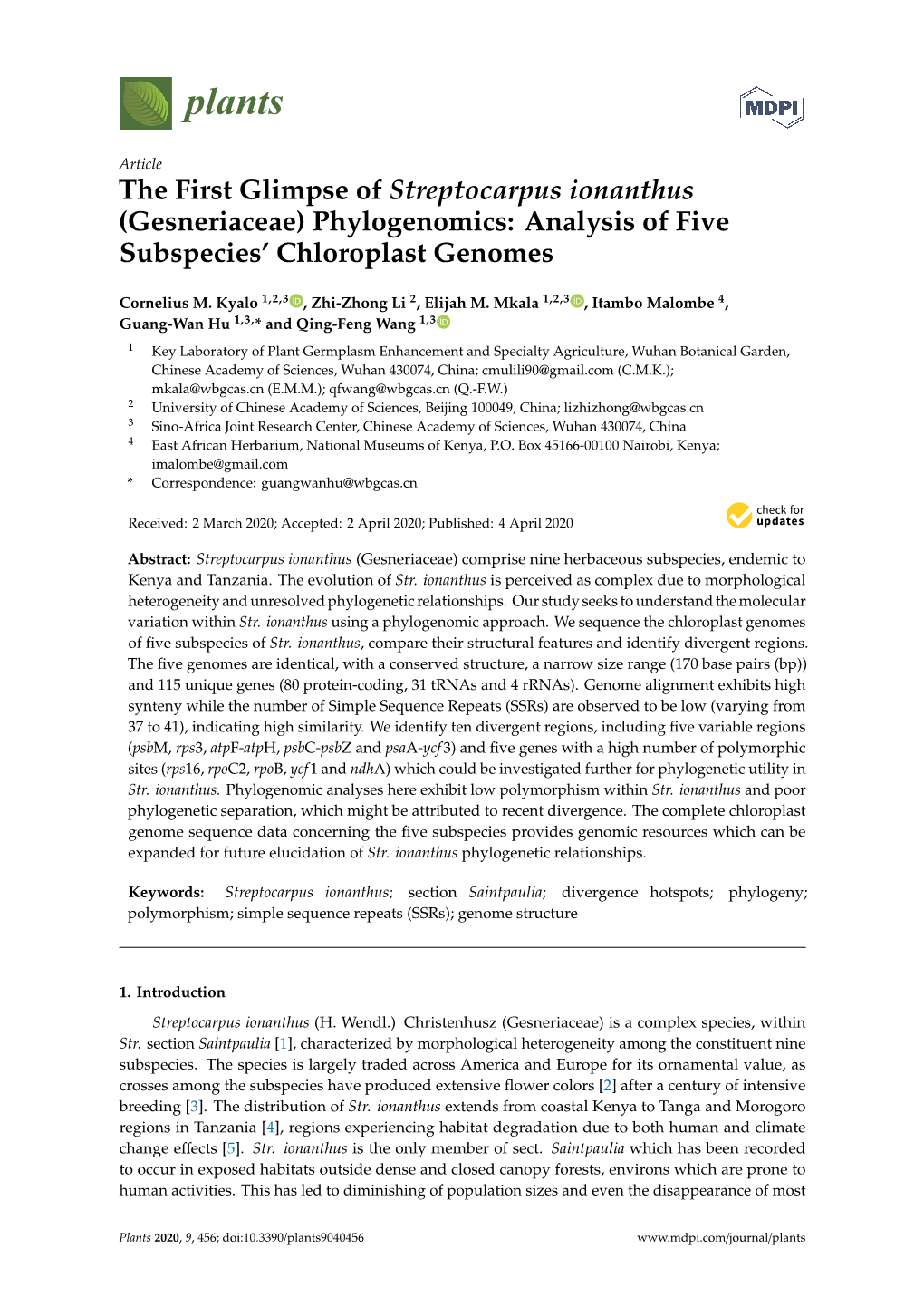 The First Glimpse of Streptocarpus Ionanthus (Gesneriaceae) Phylogenomics: Analysis of Five Subspecies’ Chloroplast Genomes