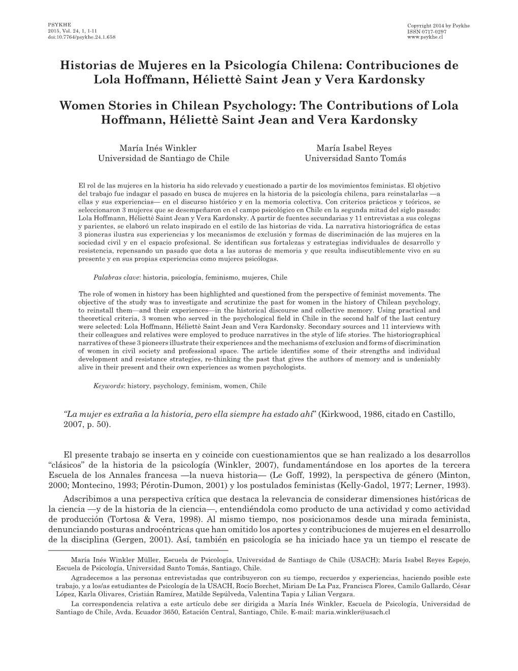 Historias De Mujeres En La Psicología Chilena: Contribuciones De Lola Hoffmann, Héliettè Saint Jean Y Vera Kardonsky