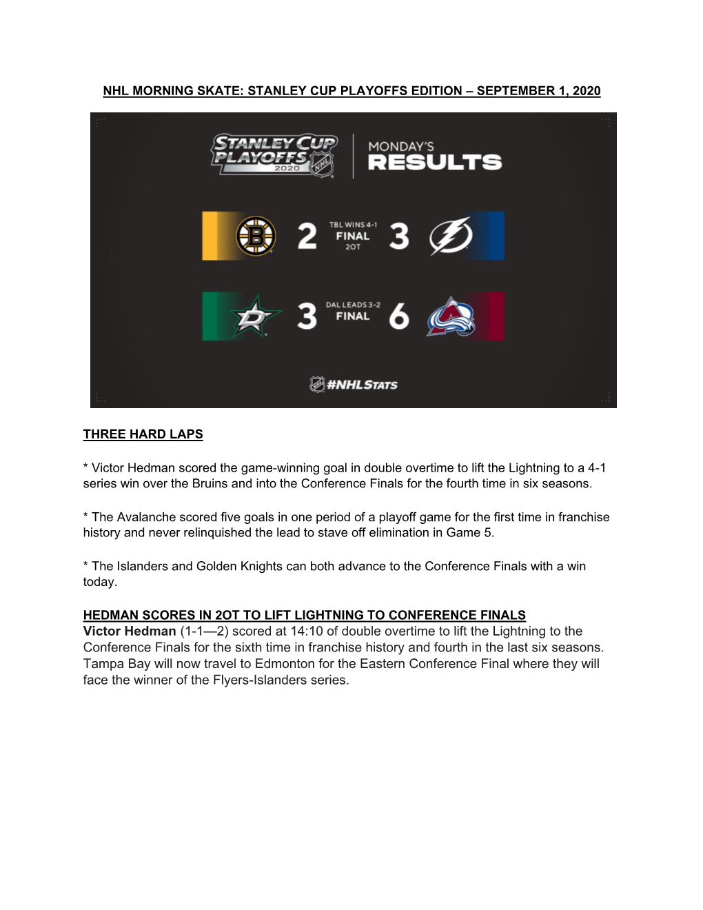 Victor Hedman (1-1—2) Scored at 14:10 of Double Overtime to Lift the Lightning to the Conference Finals for the Sixth Time In