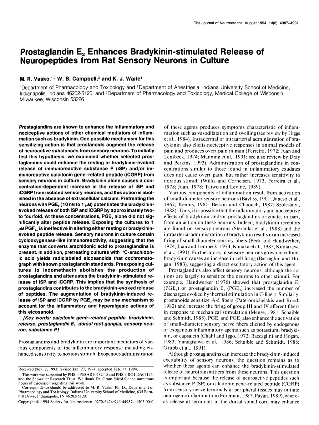 Prostaglandin E, Enhances Bradykinin-Stimulated Release of Neuropeptides from Rat Sensory Neurons in Culture