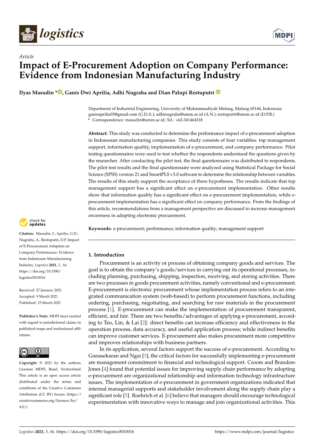 Impact of E-Procurement Adoption on Company Performance: Evidence from Indonesian Manufacturing Industry