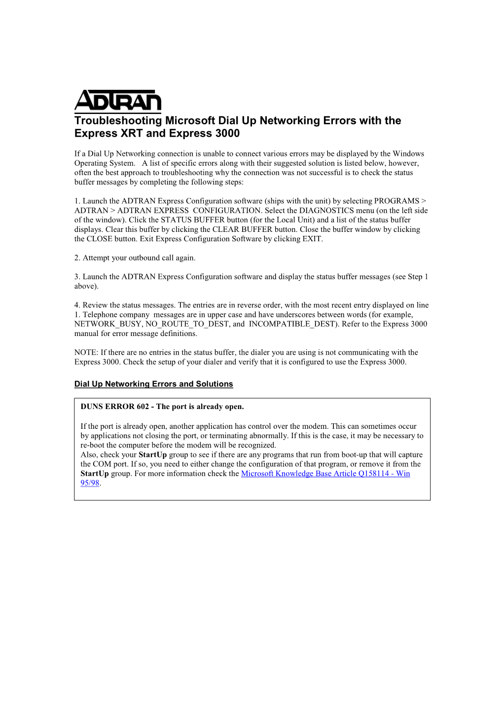 Troubleshooting Microsoft Dial up Networking Errors with the Express XRT and Express 3000