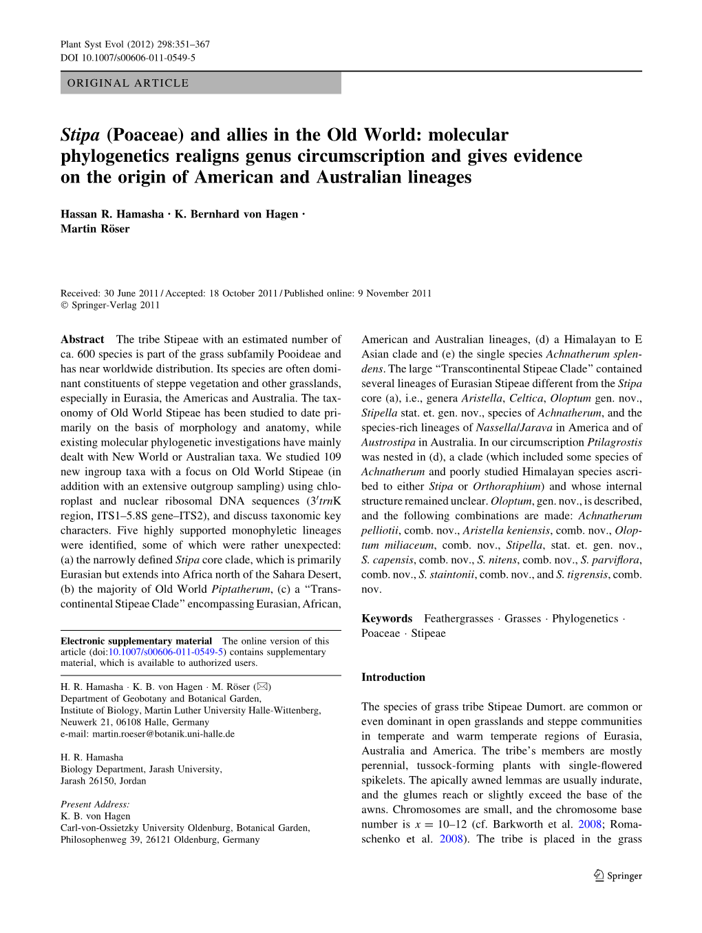 Stipa (Poaceae) and Allies in the Old World: Molecular Phylogenetics