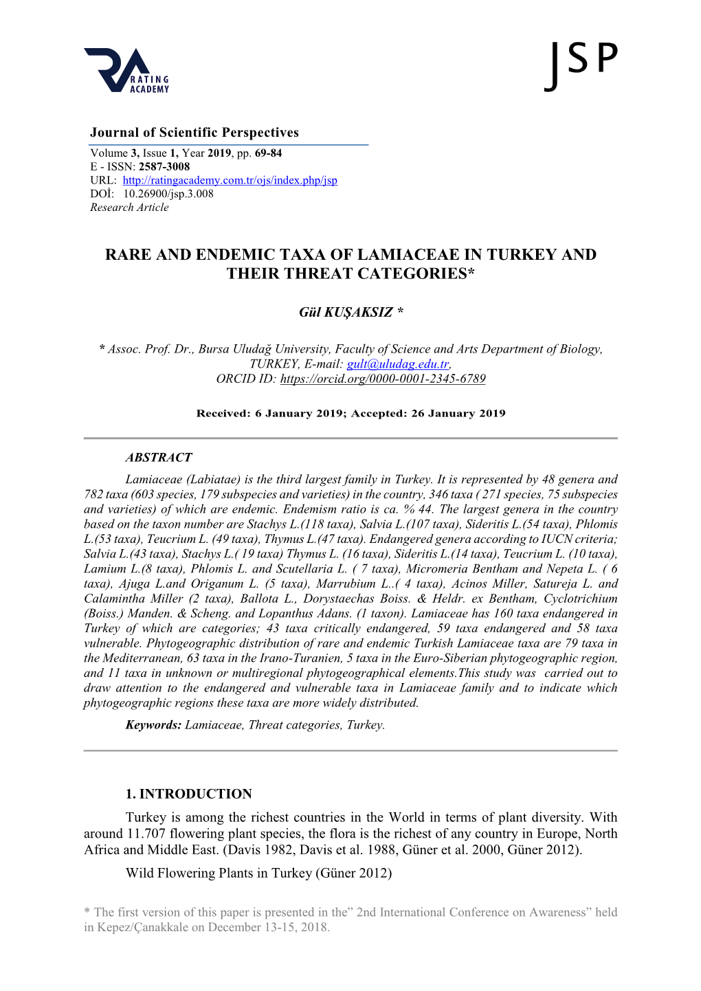 Rare and Endemic Taxa of Lamiaceae in Turkey and Their Threat Categories*