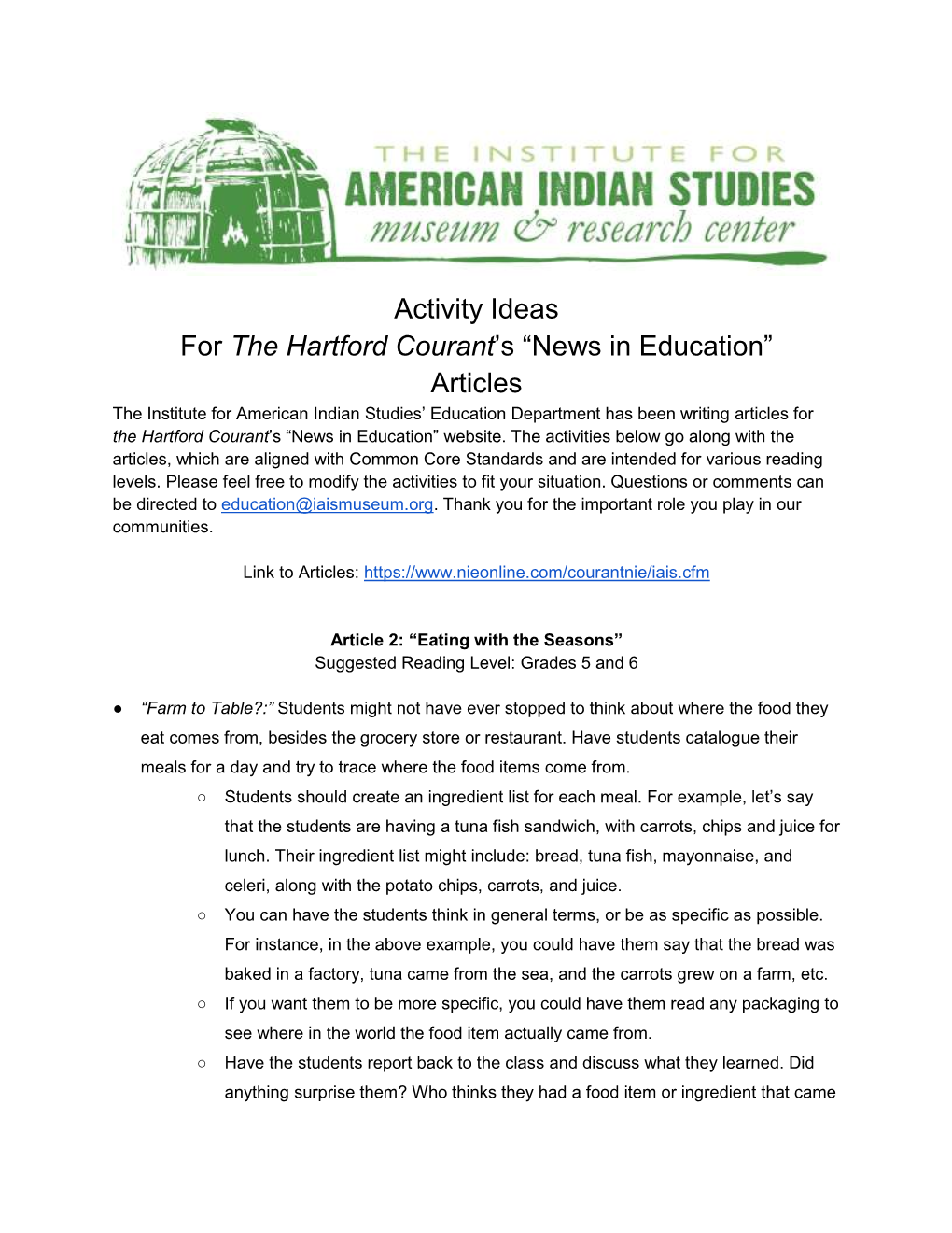 Hartford Courant NIE Article 2 Activity