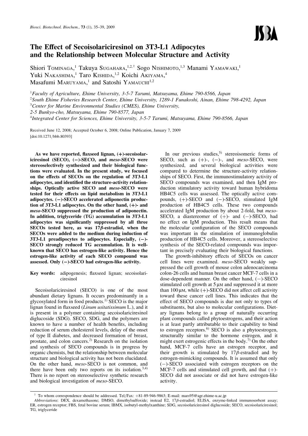 The Effect of Secoisolariciresinol on 3T3-L1 Adipocytes and The