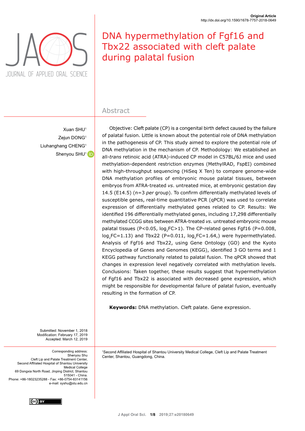 DNA Hypermethylation of Fgf16 and Tbx22 Associated with Cleft Palate During Palatal Fusion