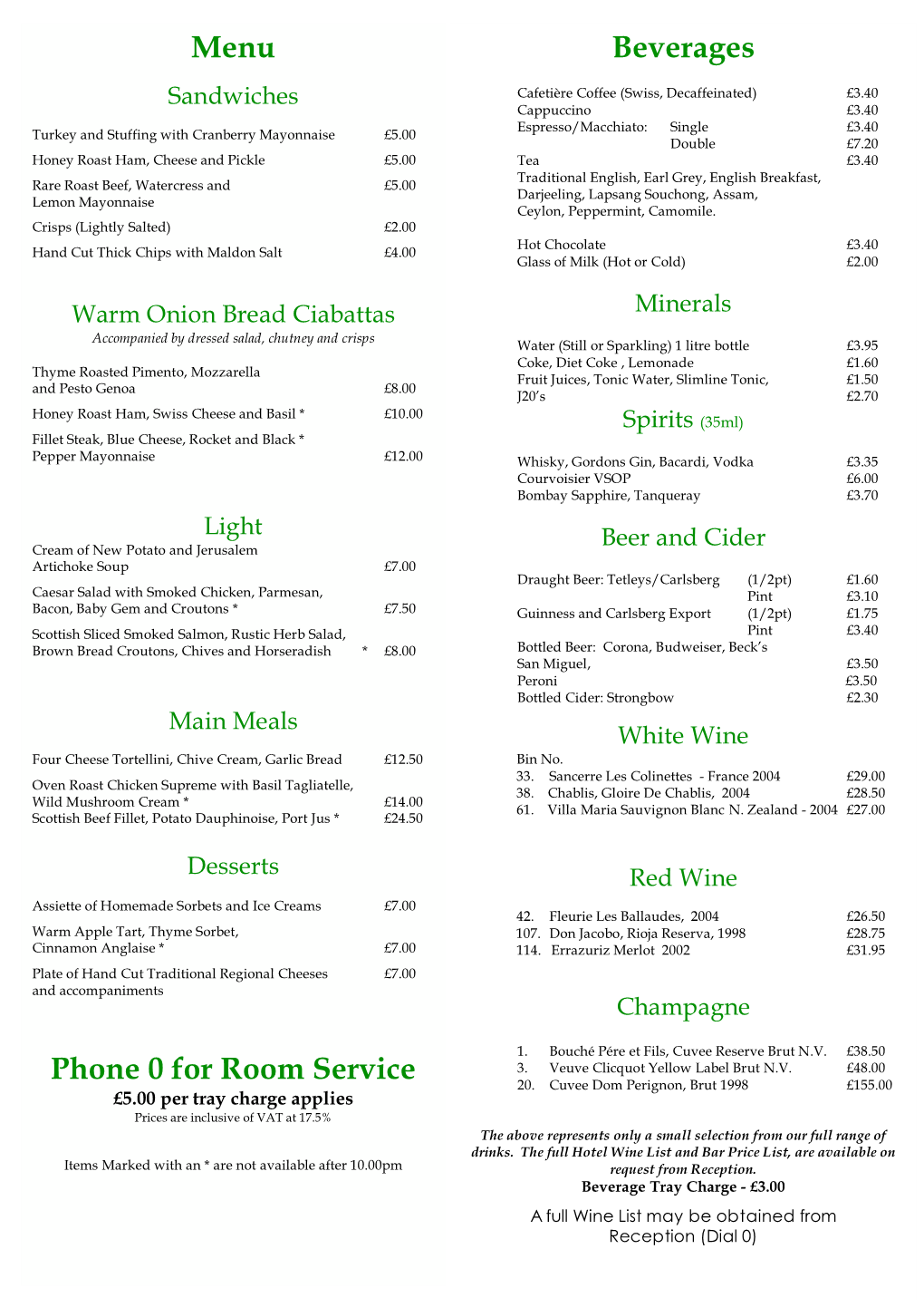 Beverages Menu Phone 0 for Room Service