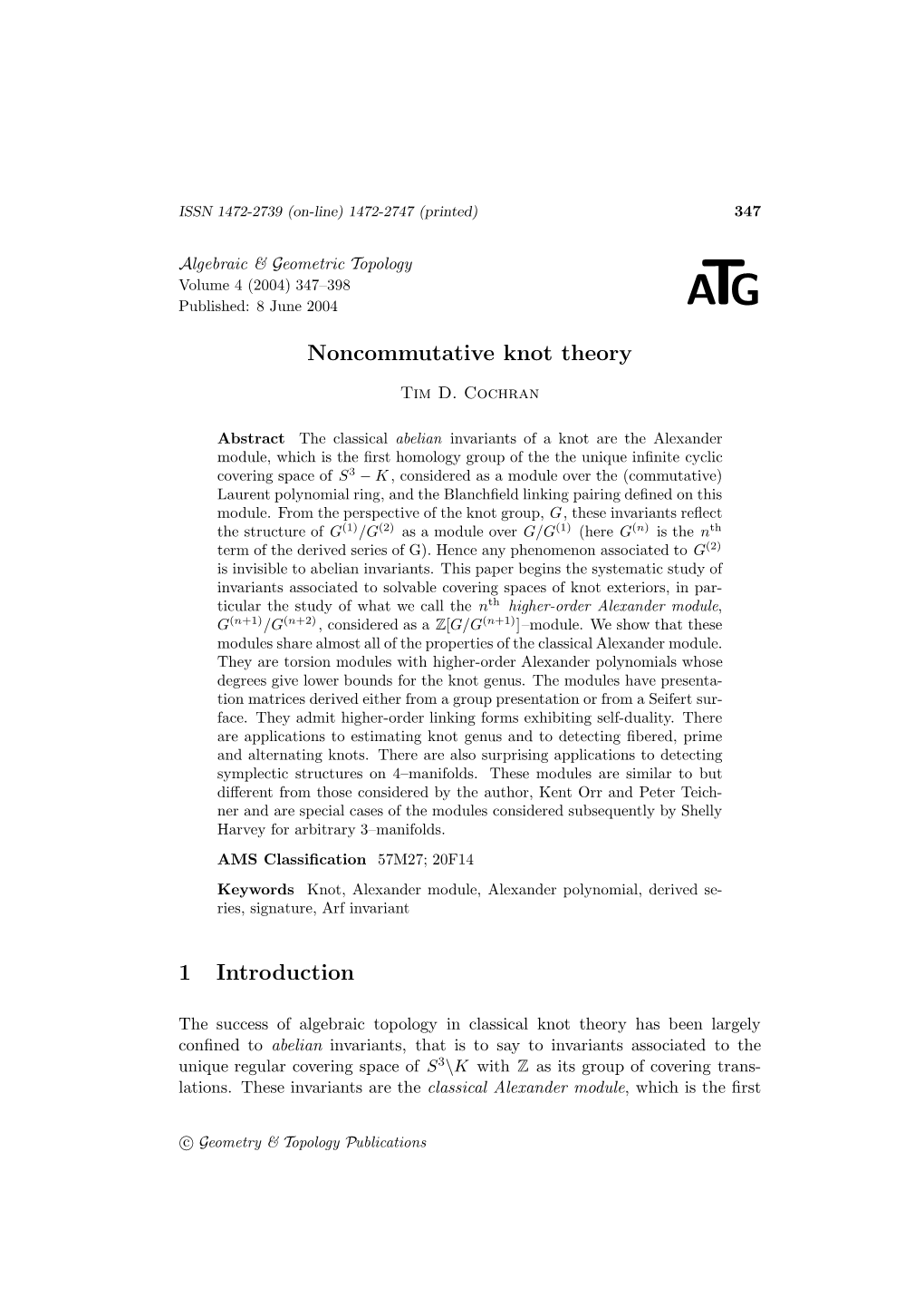 Noncommutative Knot Theory 1 Introduction