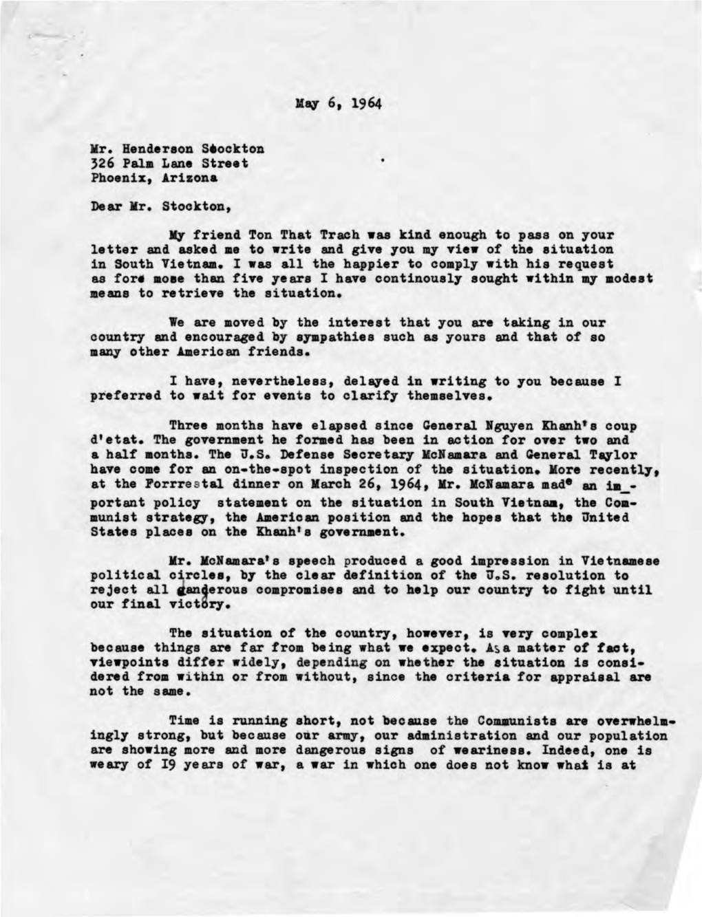 Kr. Henderson S•Ockton 326 Pala Lane Street Phoenix, Arizona Dear Kr. Stockton, Jlq 6, 1964 M7 Friend Ton That Trach Was Kind