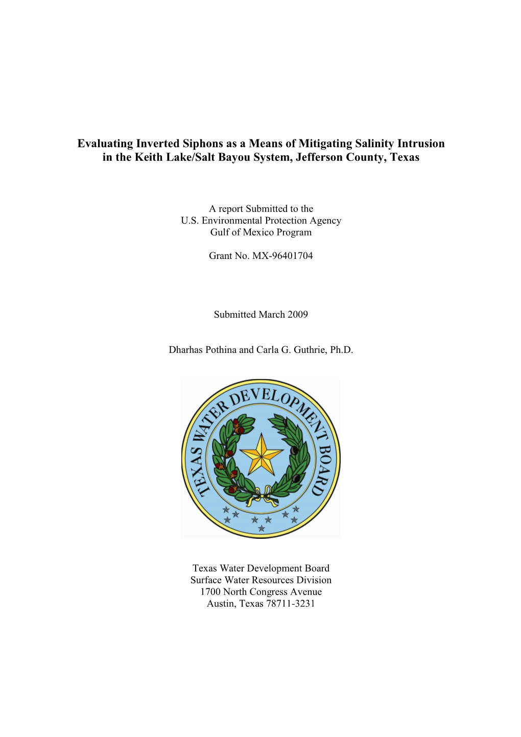 Evaluating Inverted Siphons As a Means of Mitigating Salinity Intrusion in the Keith Lake/Salt Bayou System, Jefferson County, Texas