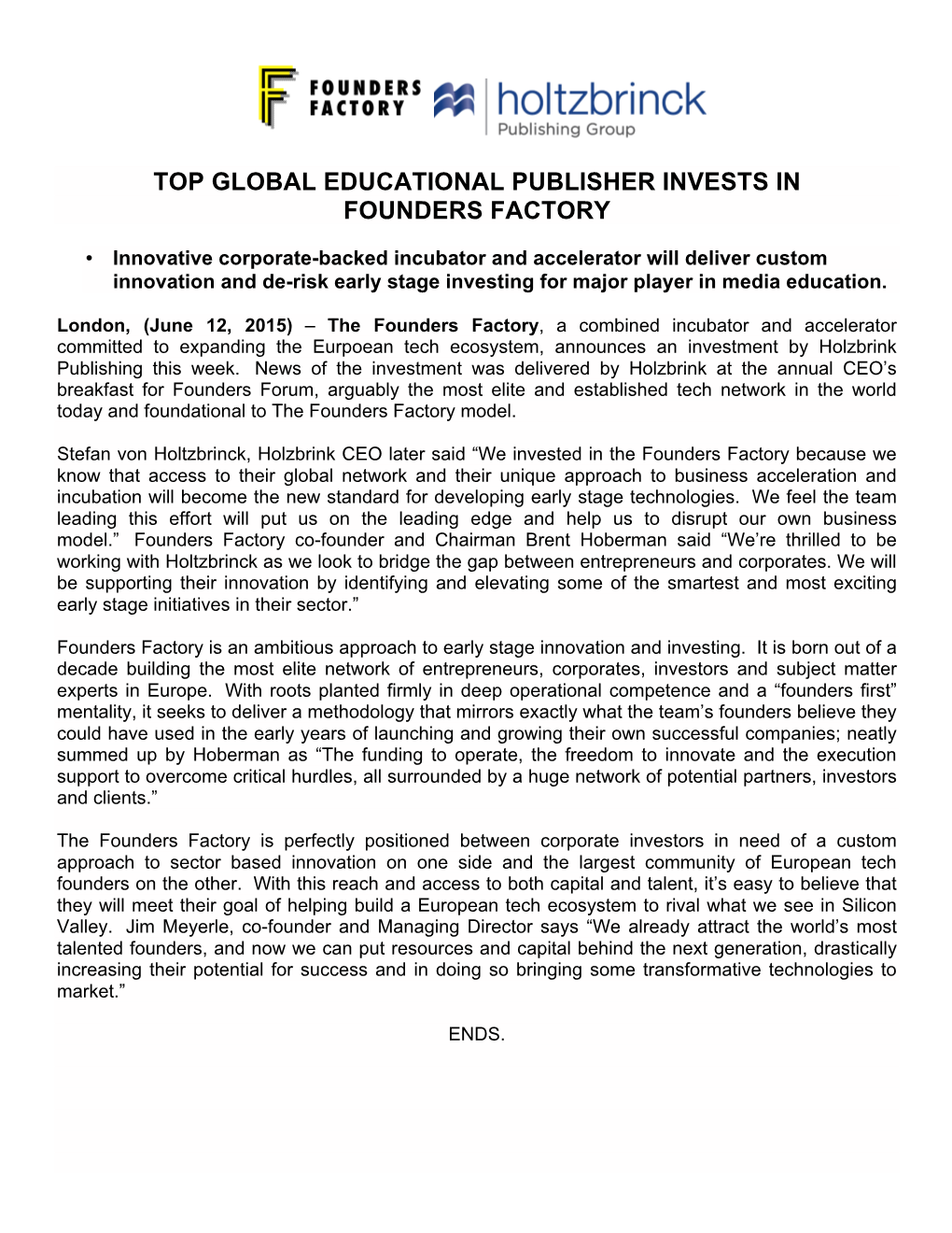 Top Global Educational Publisher Invests in Founders Factory