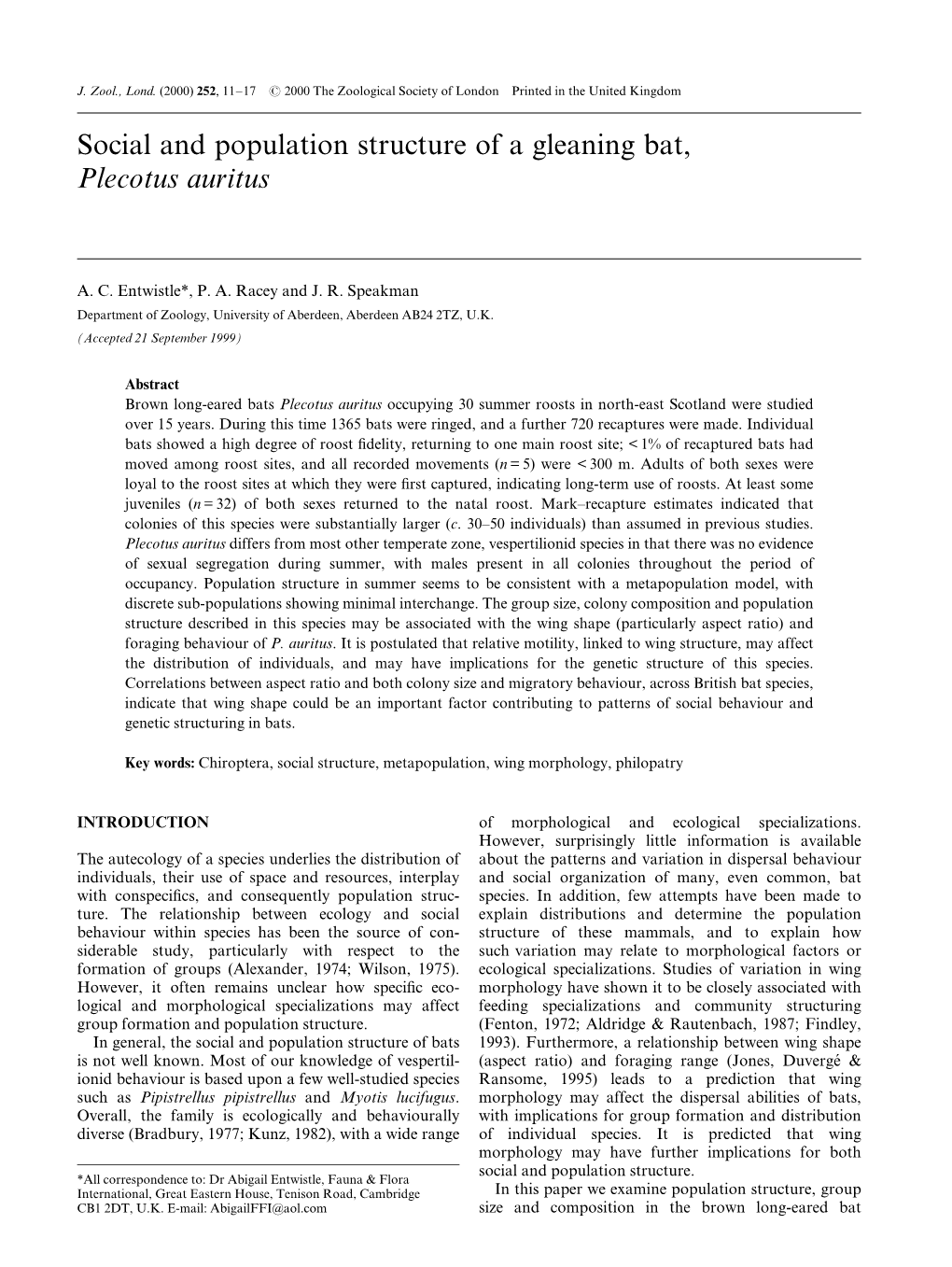 Social and Population Structure of a Gleaning Bat, Plecotus Auritus