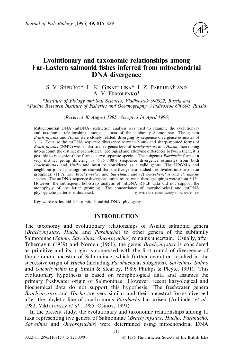 Evolutionary and Taxonomic Relationships Among Far-Eastern Salmonid ﬁshes Inferred from Mitochondrial DNA Divergence