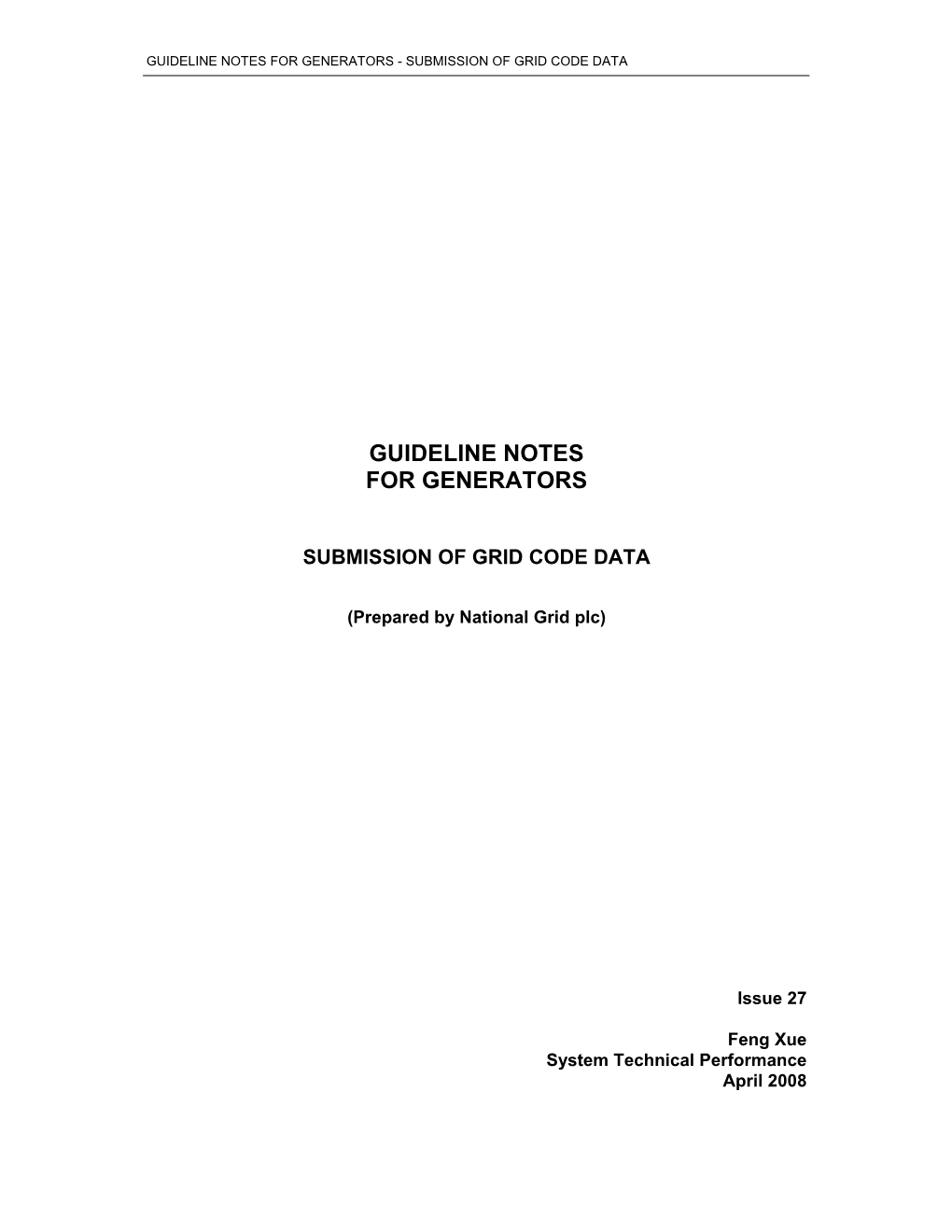 Guideline Notes for Generators - Submission of Grid Code Data