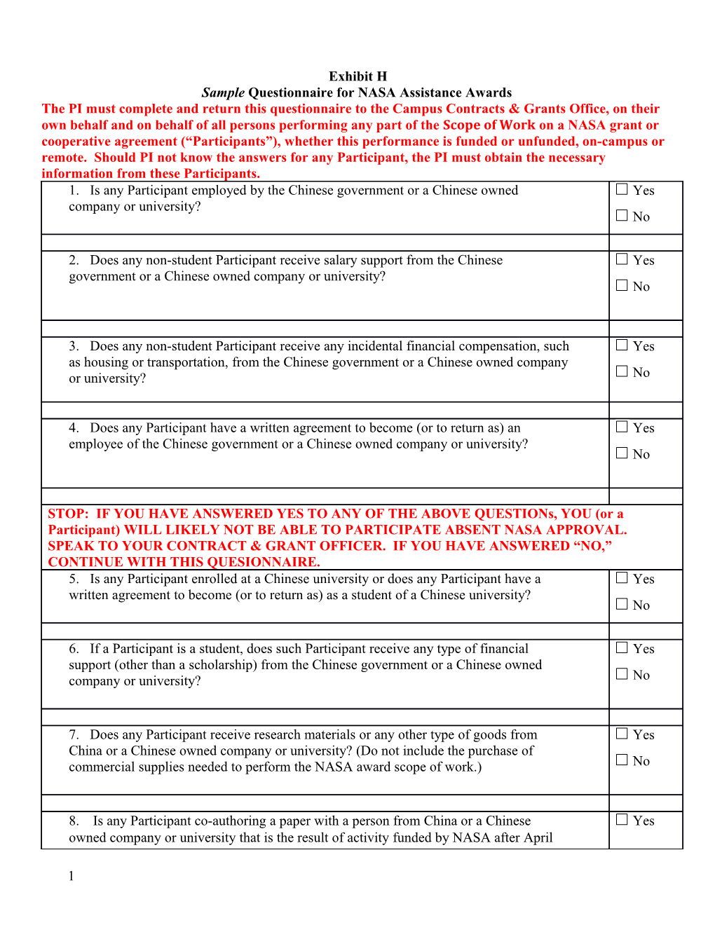 Sample Questionnaire for NASA Assistance Awards