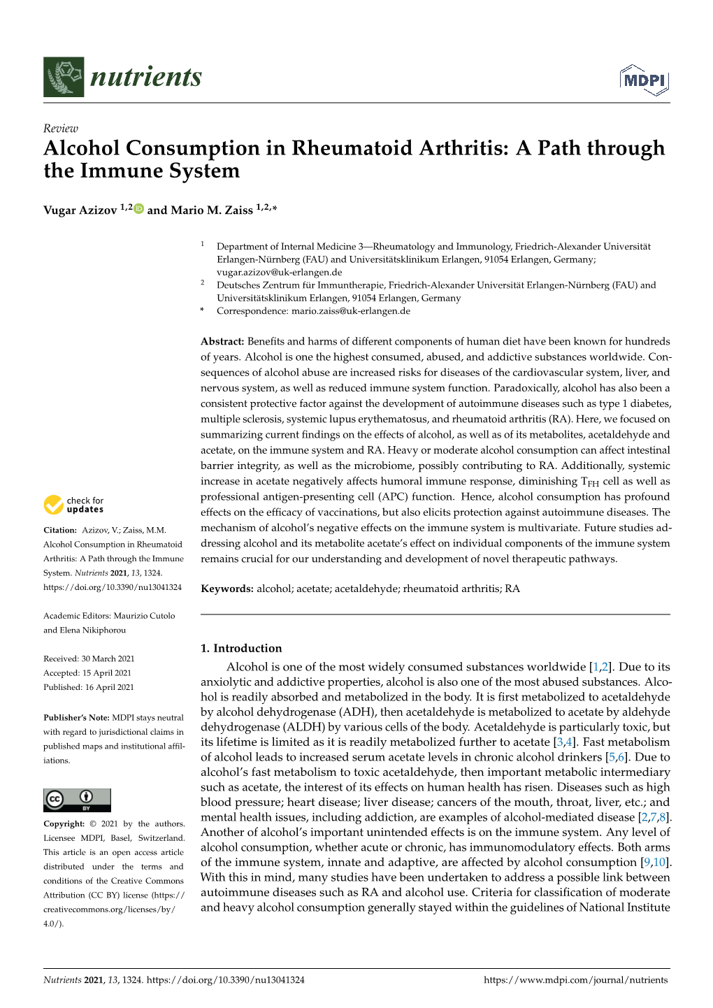 Alcohol Consumption in Rheumatoid Arthritis: a Path Through the Immune System