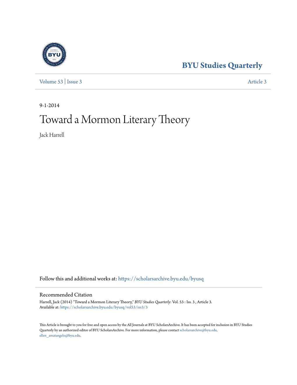 Toward a Mormon Literary Theory Jack Harrell