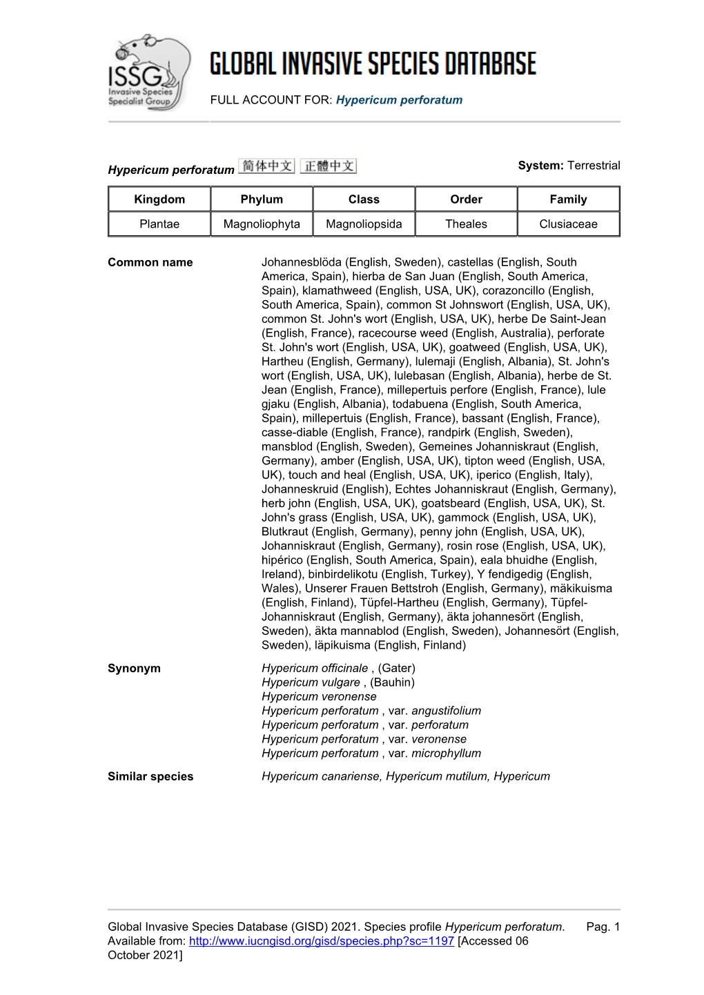 (GISD) 2021. Species Profile Hypericum Perforatum. Avail