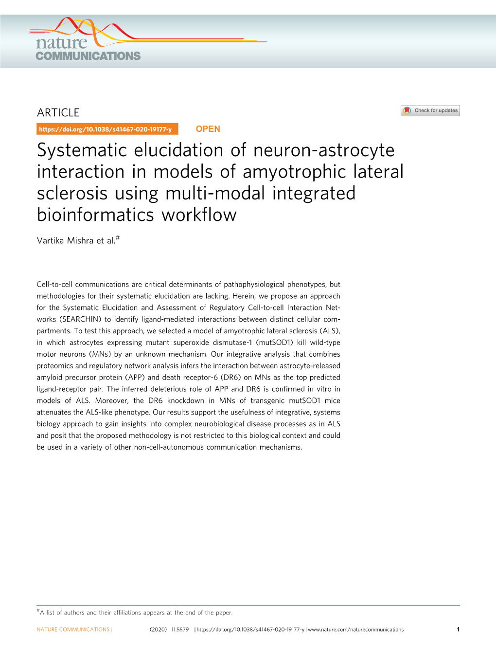 Systematic Elucidation of Neuron-Astrocyte Interaction in Models of Amyotrophic Lateral Sclerosis Using Multi-Modal Integrated Bioinformatics Workﬂow