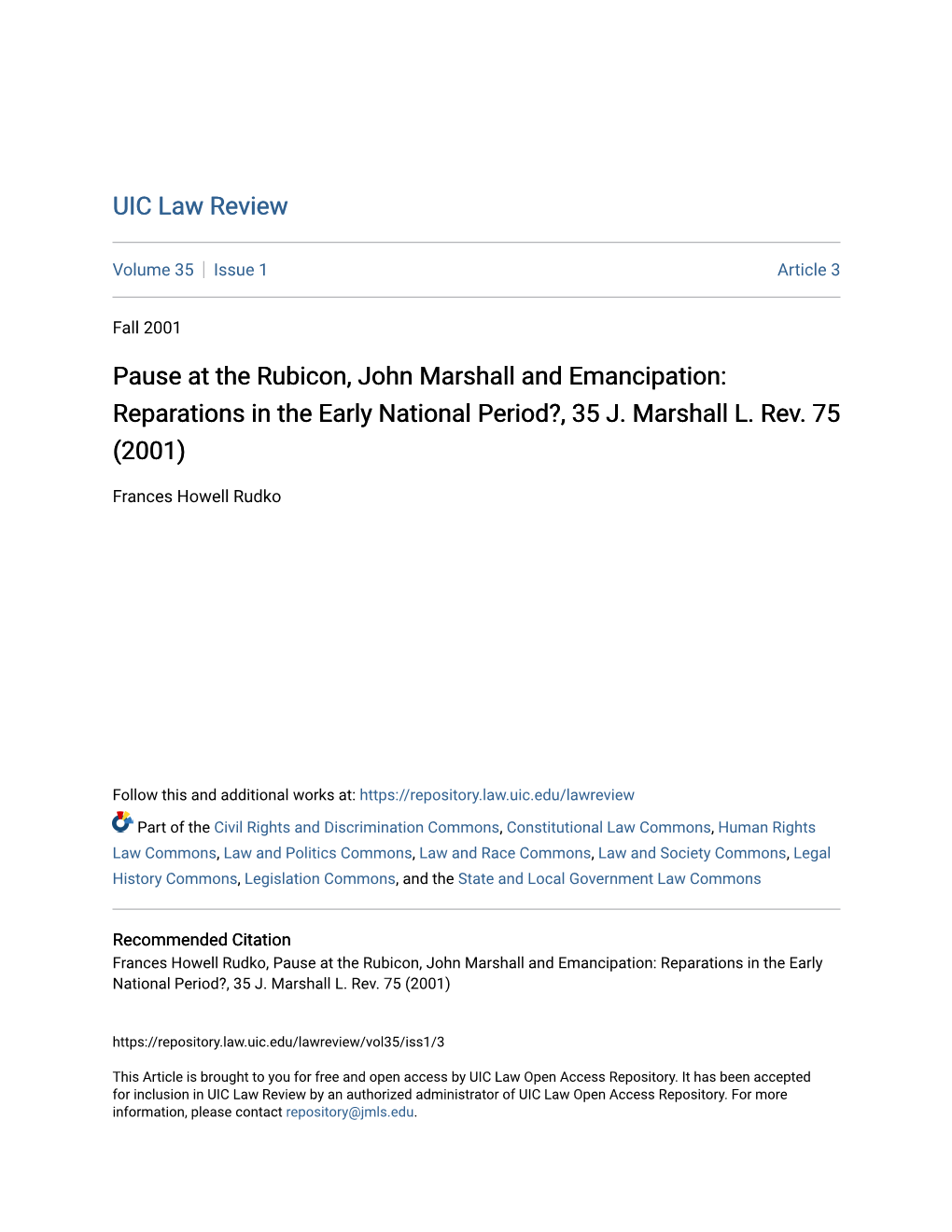Pause at the Rubicon, John Marshall and Emancipation: Reparations in the Early National Period?, 35 J