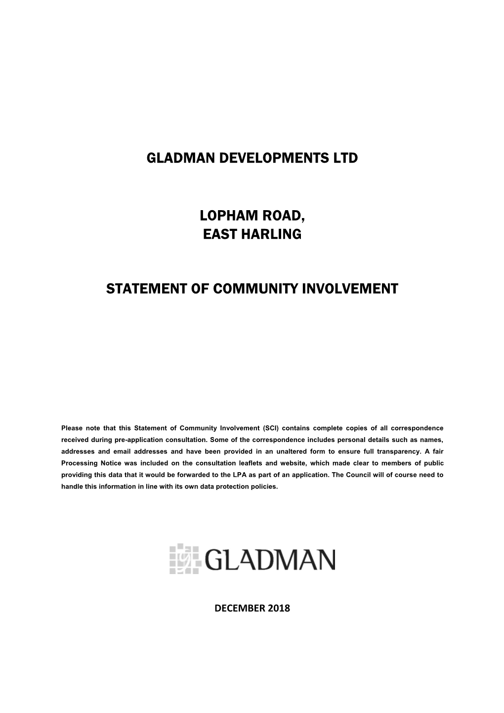 Gladman Developments Ltd Lopham Road, East Harling Statement of Community Involvement