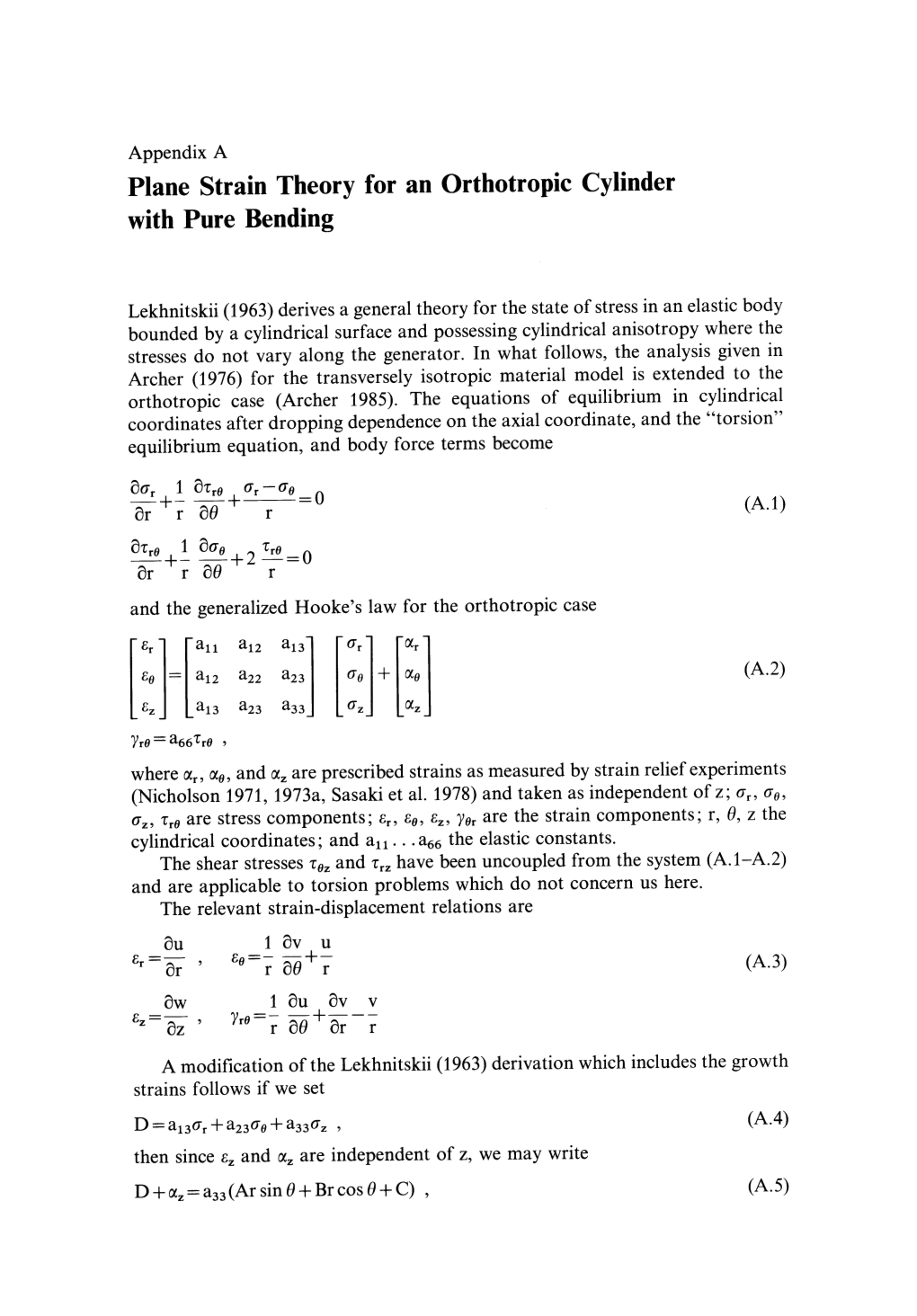 Plane Strain Theory for an Orthotropic Cylinder with Pure Bending