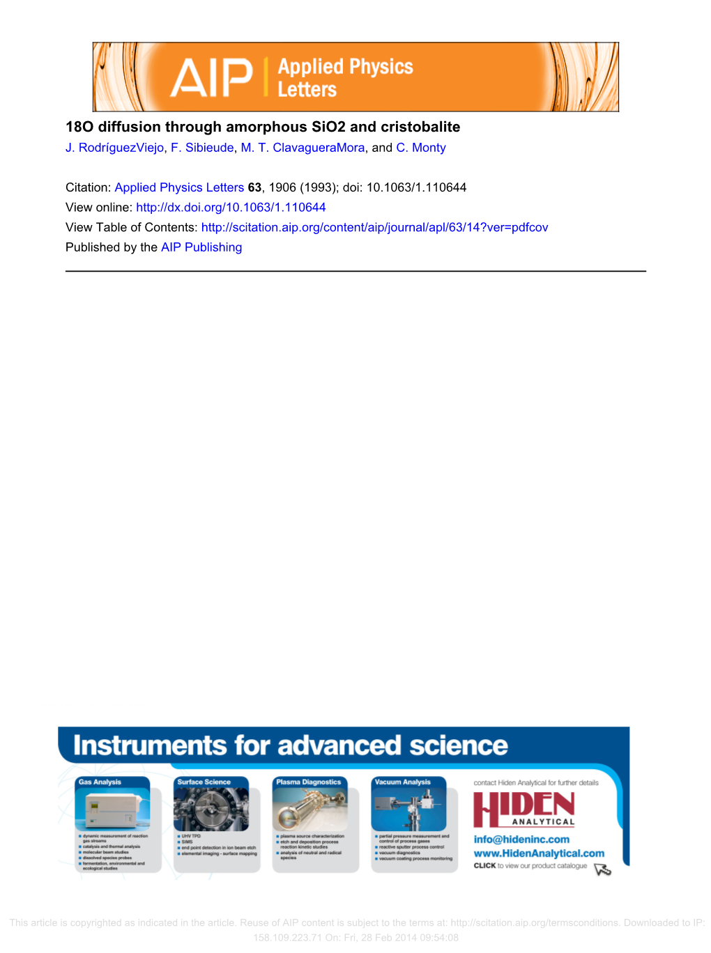 18O Diffusion Through Amorphous Sio2 and Cristobalite J