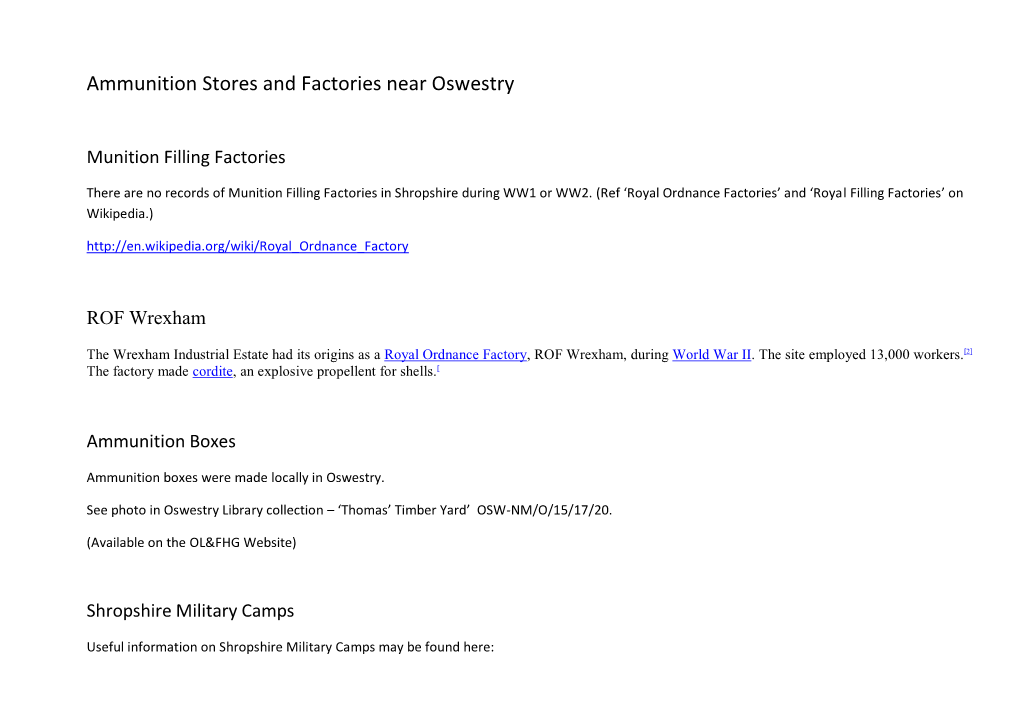 Ammunition Stores and Factories Near Oswestry