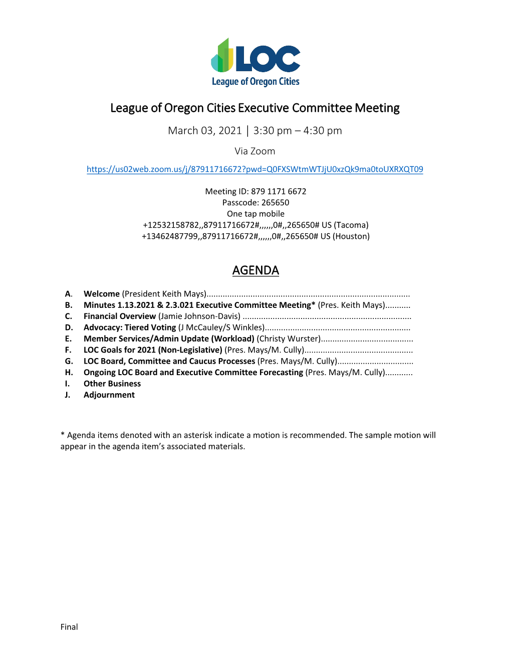 League of Oregon Cities Executive Committee Meeting AGENDA