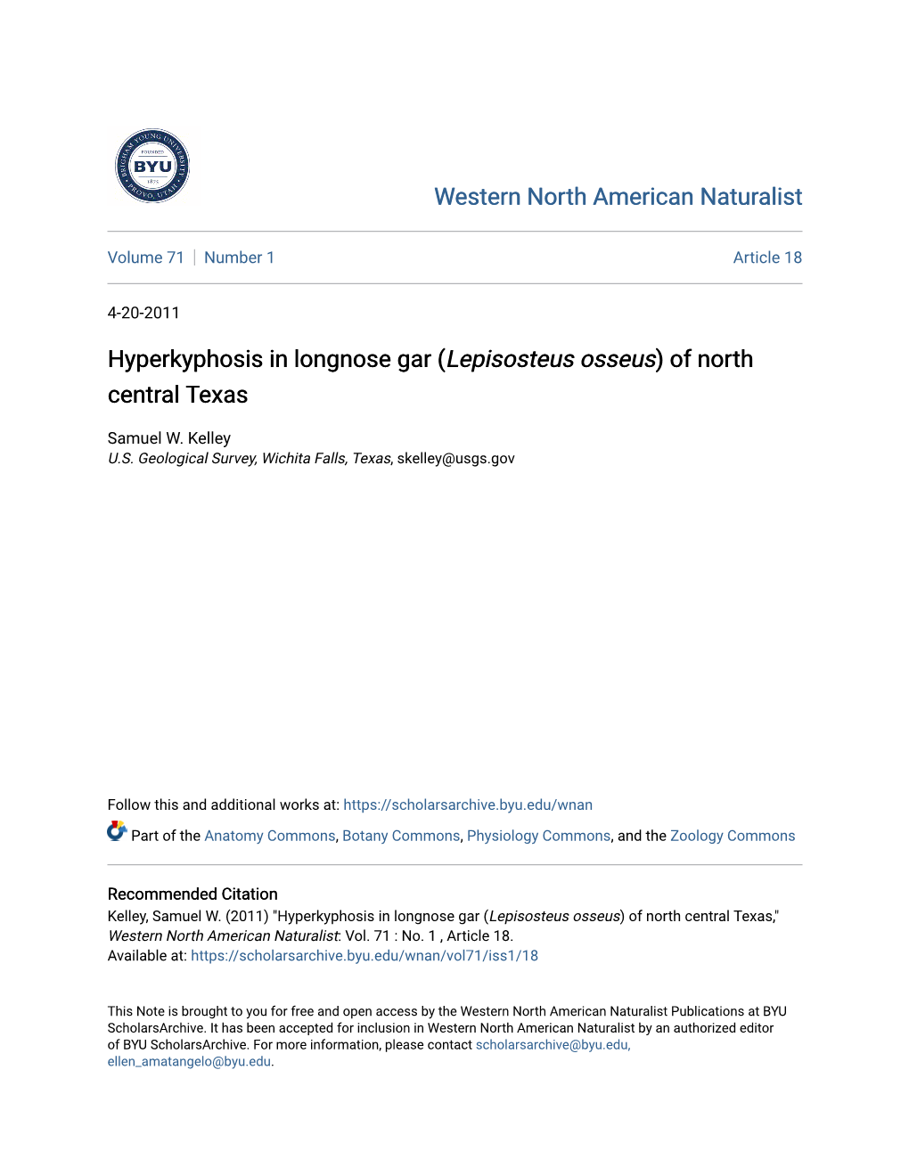 Hyperkyphosis in Longnose Gar (Lepisosteus Osseus) of North Central Texas