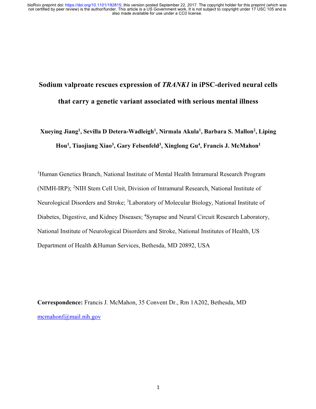 Sodium Valproate Rescues Expression of TRANK1 in Ipsc-Derived Neural Cells That Carry a Genetic Variant Associated with Serious