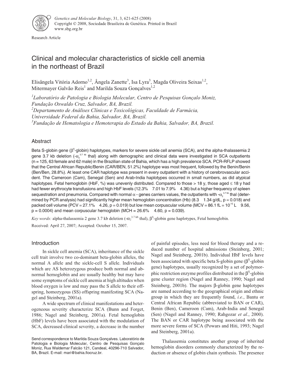 Clinical and Molecular Characteristics of Sickle Cell Anemia in the Northeast of Brazil