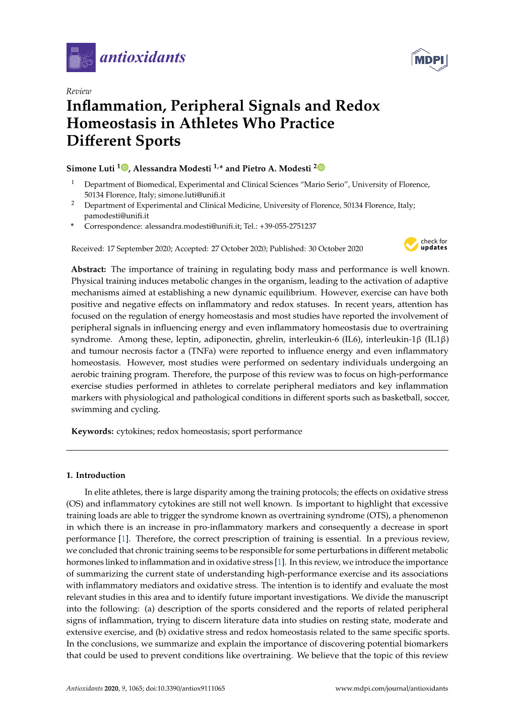 Inflammation, Peripheral Signals and Redox Homeostasis in Athletes Who Practice Different Sports