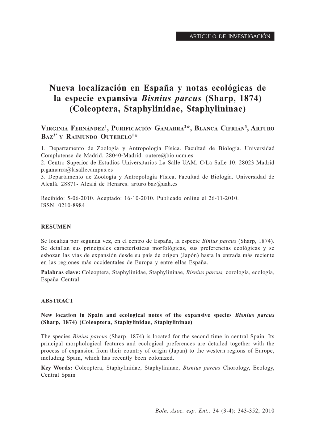 Nueva Localización En España Y Notas Ecológicas De La Especie Expansiva Bisnius Parcus (Sharp, 1874) (Coleoptera, Staphylinidae, Staphylininae)