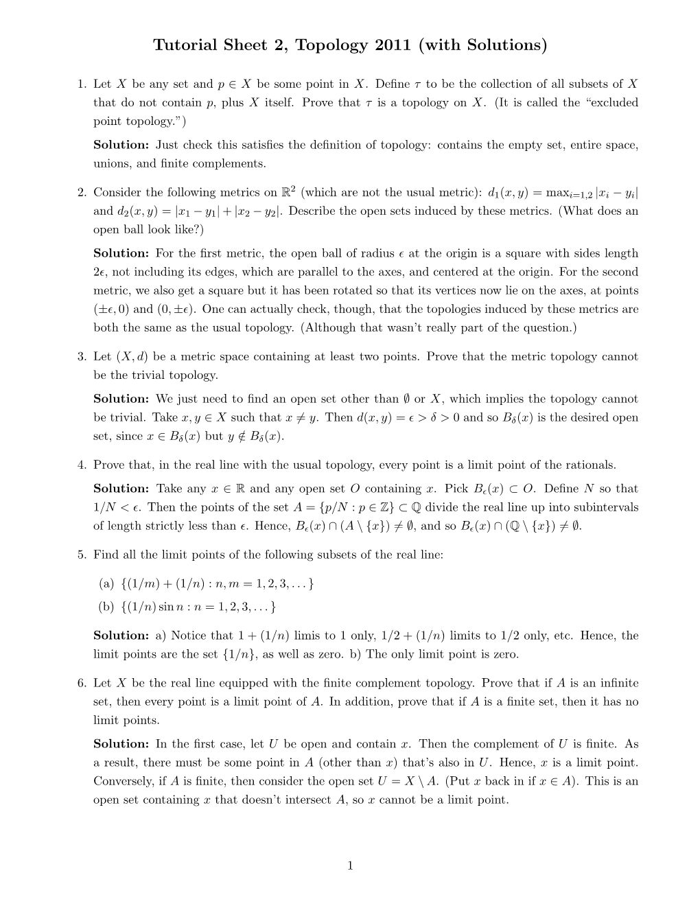 Tutorial Sheet 2, Topology 2011 (With Solutions)