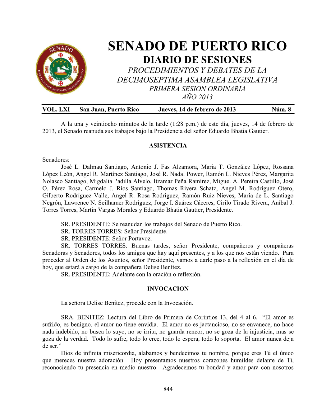 Senado De Puerto Rico Diario De Sesiones Procedimientos Y Debates De La Decimoseptima Asamblea Legislativa Primera Sesion Ordinaria Año 2013 Vol