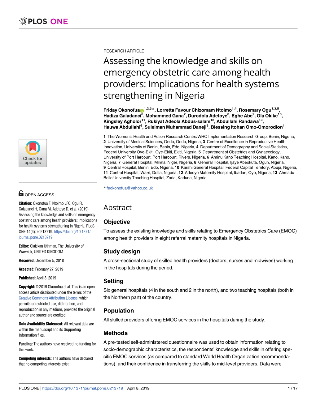 Assessing the Knowledge and Skills on Emergency Obstetric Care Among Health Providers: Implications for Health Systems Strengthening in Nigeria