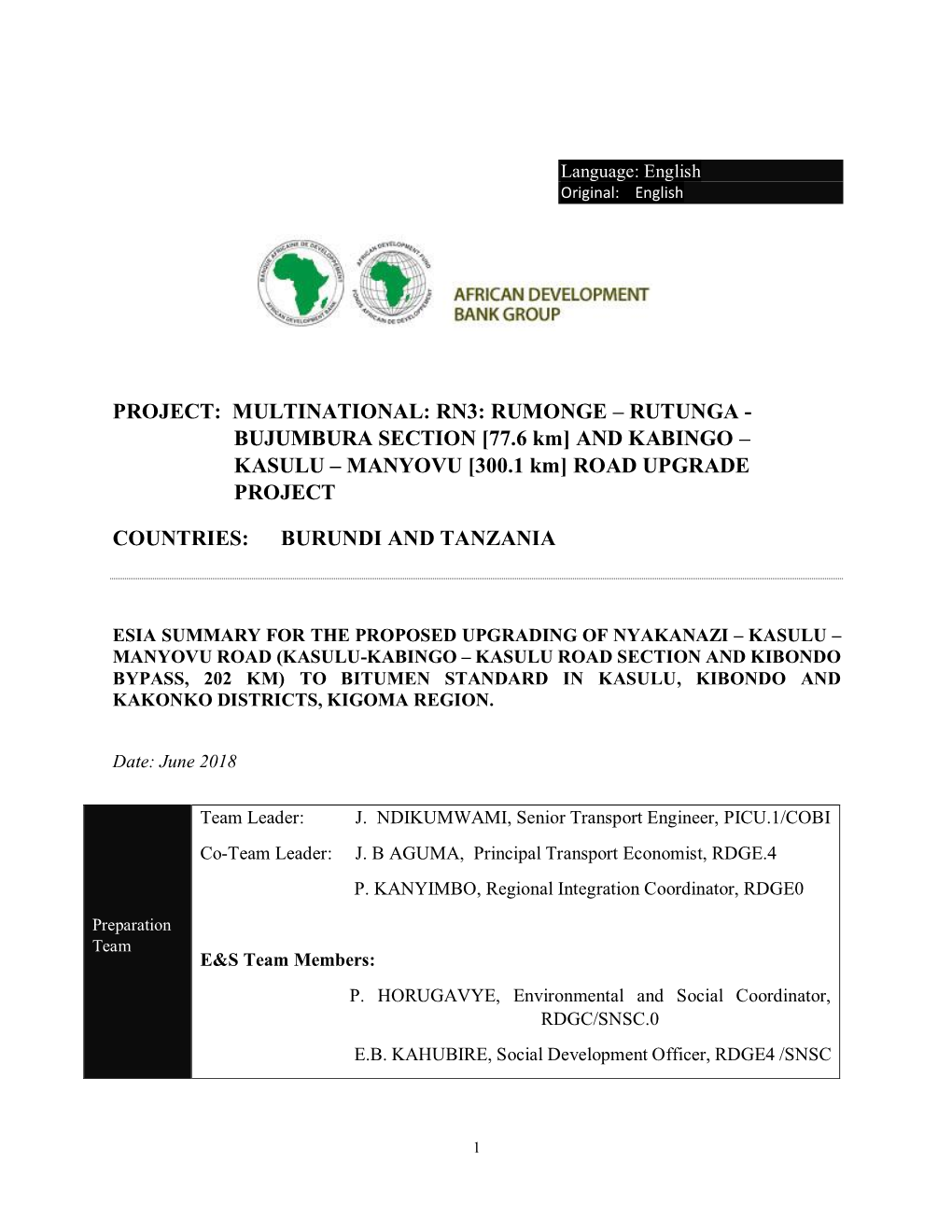 KASULU – MANYOVU [300.1 Km] ROAD UPGRADE PROJECT