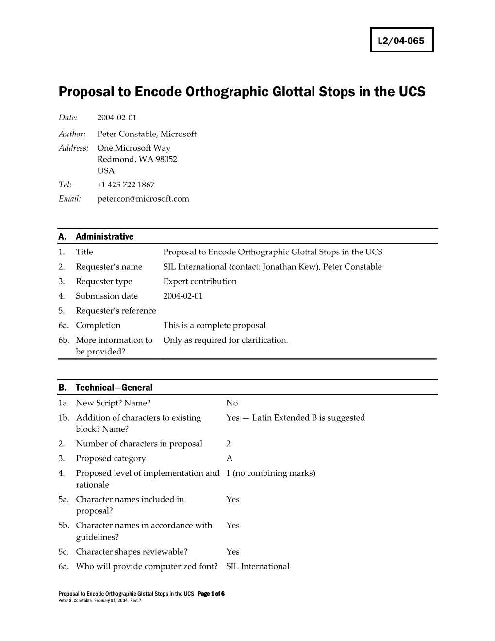 Proposal to Encode Orthographic Glottal Stops in the UCS