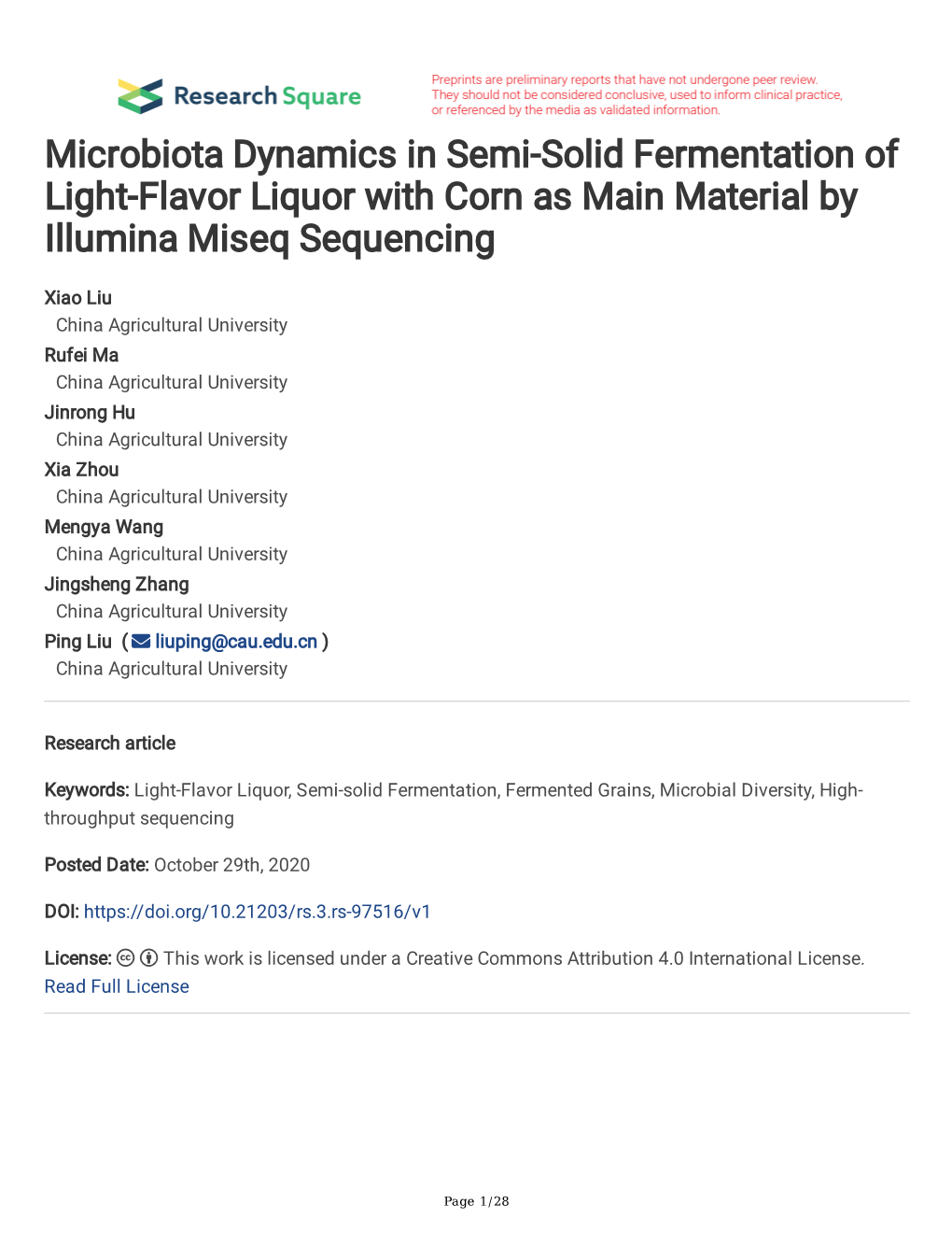Microbiota Dynamics in Semi-Solid Fermentation of Light-Flavor Liquor with Corn As Main Material by Illumina Miseq Sequencing