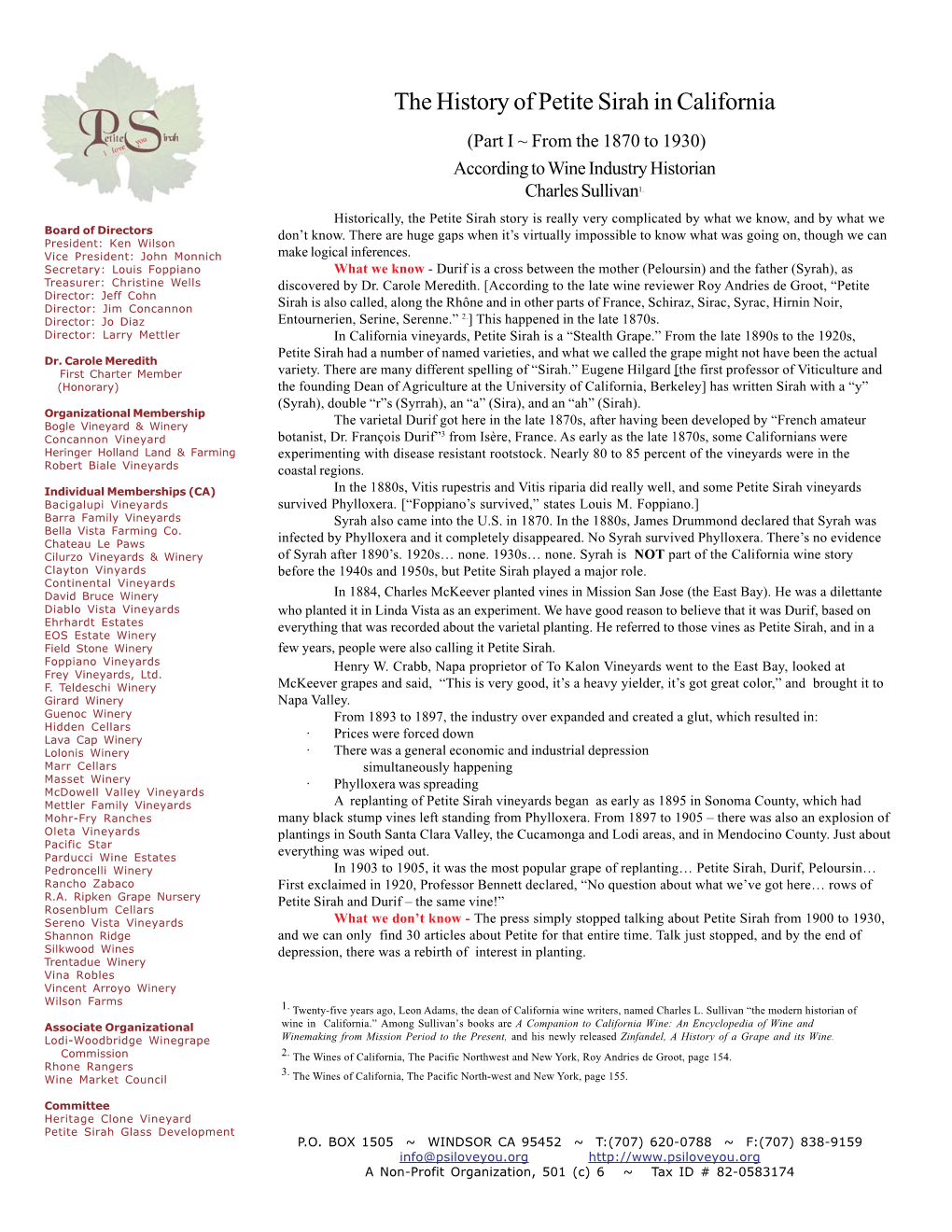 The History of Petite Sirah in California (Part I ~ from the 1870 to 1930) According to Wine Industry Historian Charles Sullivan1