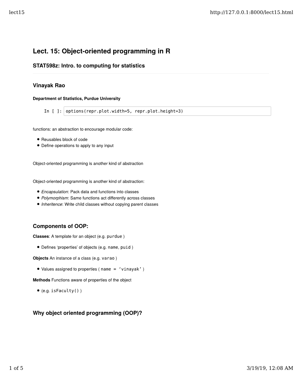 Lect. 15: Object-Oriented Programming in R