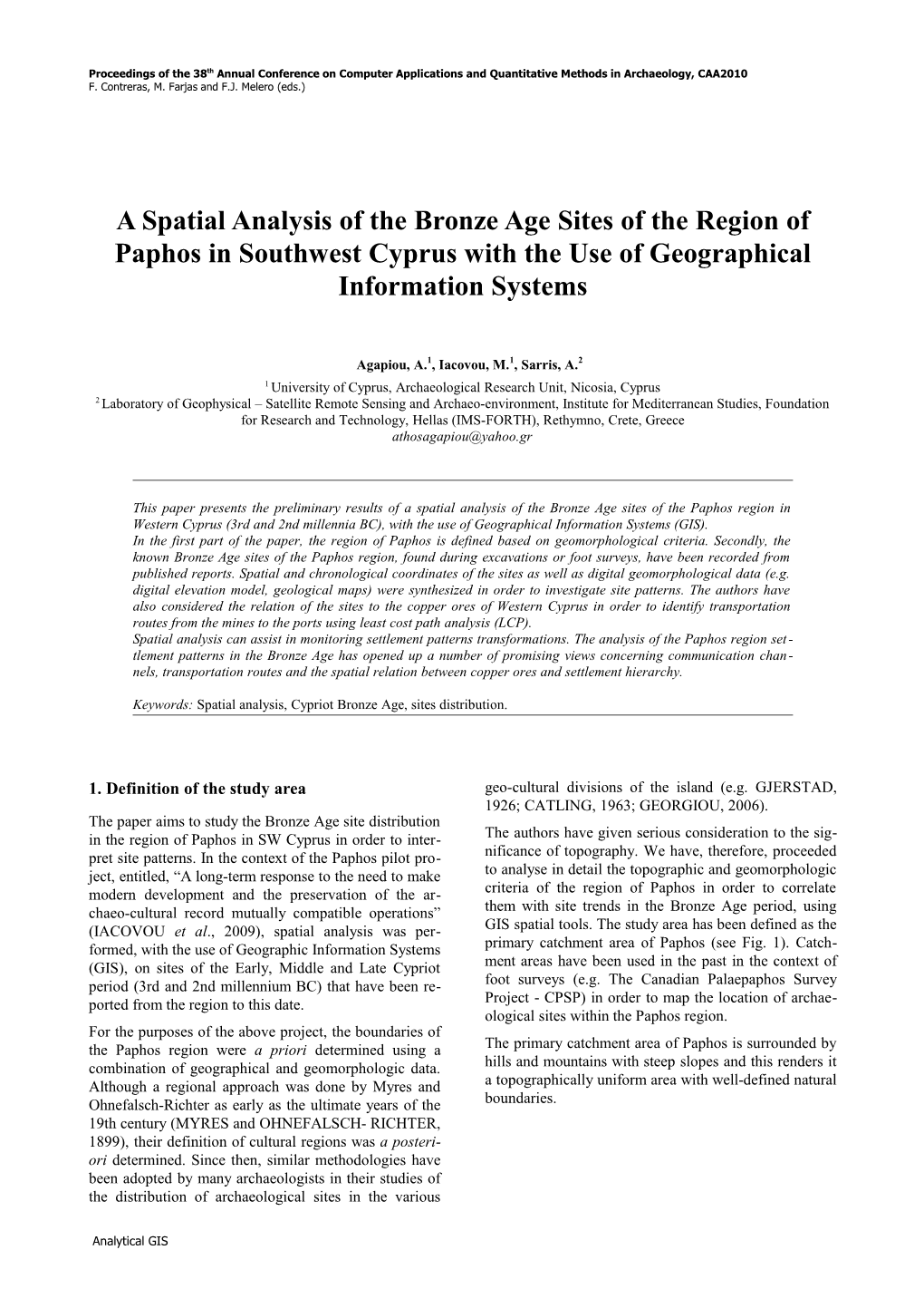 A Spatial Analysis of the Bronze Age Sites of the Region of Paphos in Southwest Cyprus with the Use of Geographical Information Systems